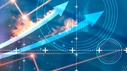 A graphic of upward arrows next to a rising bar graph.