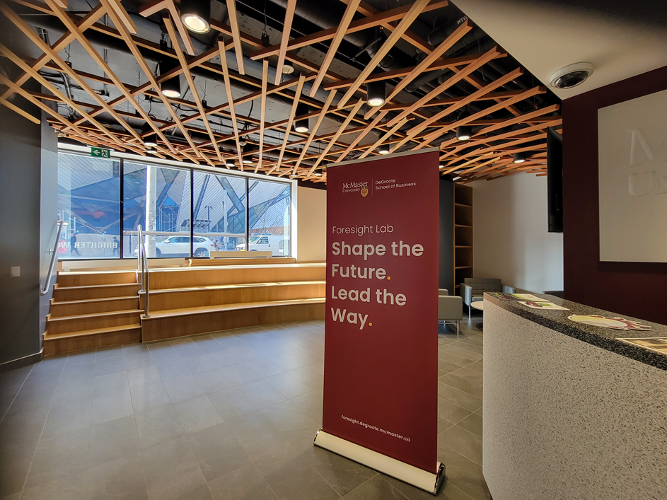 Foresight Lab Banner in the Lobby of McMaster Toronto Campus at 180 Bloor Street West, Displaying "Shape the Future. Lead the Way."