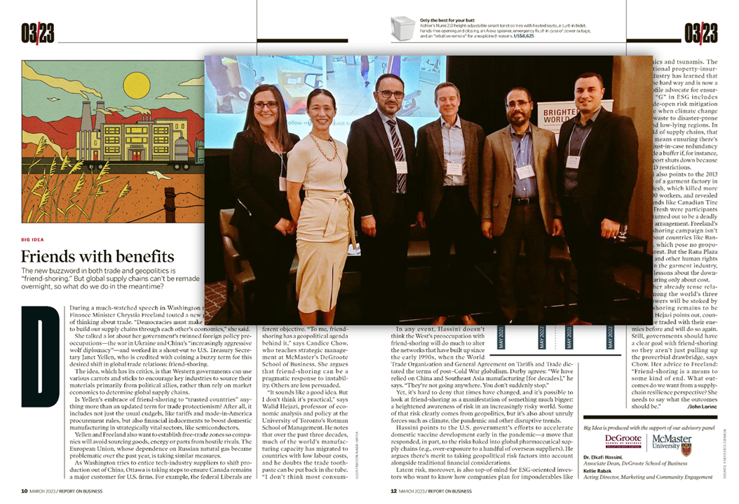 Photo Collage of Attendees at January 2023 Future-Proofing Supply Chain Event Hosted by Foresight Lab at McMaster University, with an article on global supply chain and friend-shoring in the March 2023 issue of Report on Business by Globe & Mail in the background