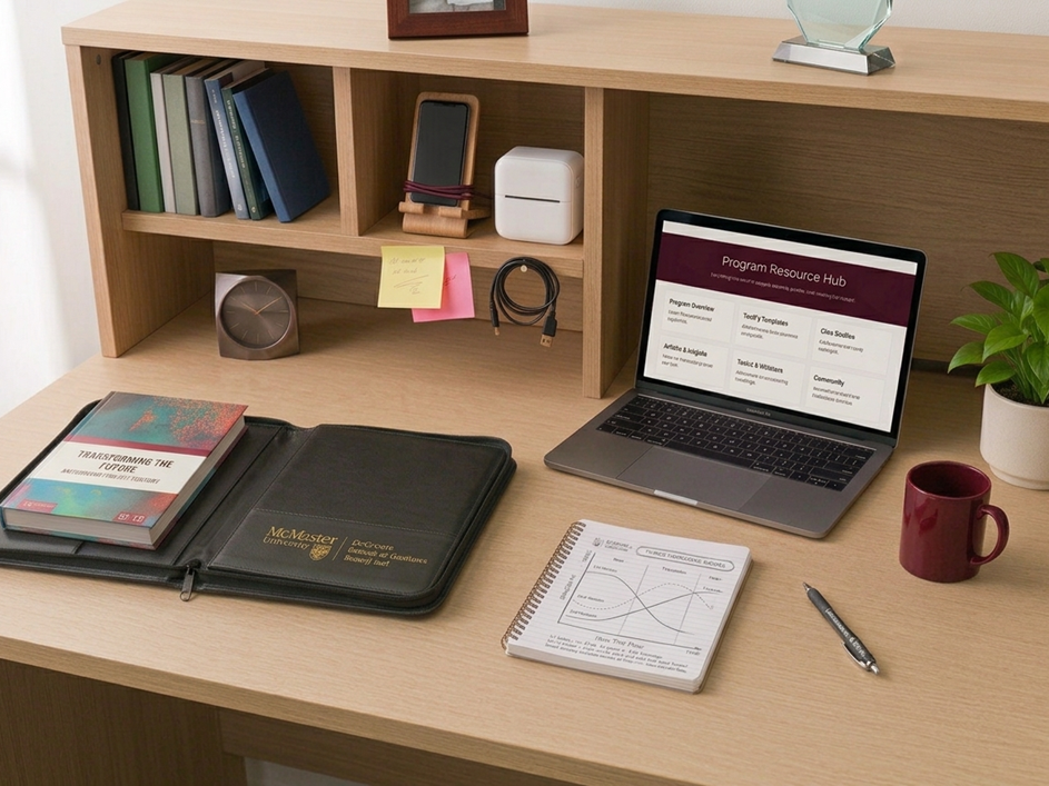 Wood desk with book on Transforming the Future, Foresight Lab folio, laptop displaying Program Resource Hub, and notebook on foresight tools